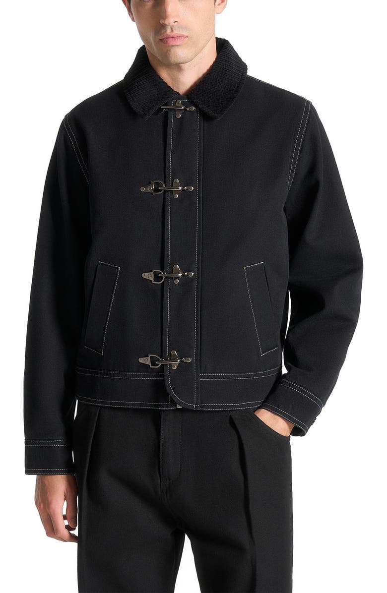 Manière De Voir Nino Clasp Detail Contrast Stitch Gabardine Jacket, Main, color, Black