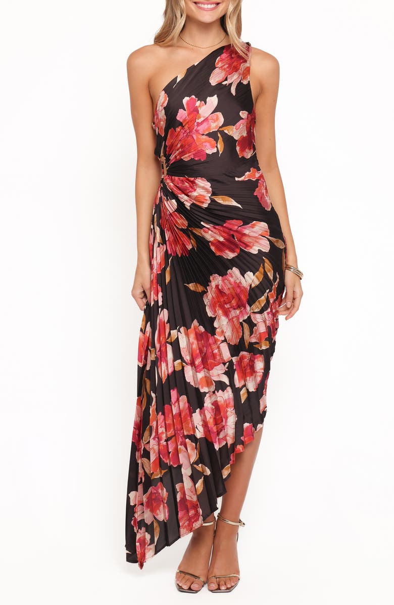 Petal & Pup Kleo Floral Pleated One-Shoulder Satin Cocktail Dress, Main, color, Midnight Orchid