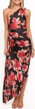 Petal & Pup Kleo Floral Pleated One-Shoulder Satin Cocktail Dress