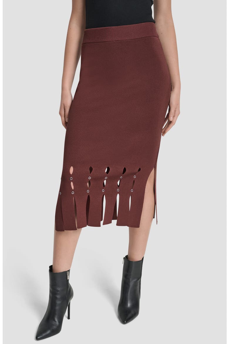 Grommet Trim Fringe Hem Sweater Midi Skirt, Main, color, BITTER CHOCOLATE