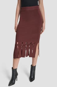 DKNY Grommet Trim Fringe Hem Sweater Midi Skirt