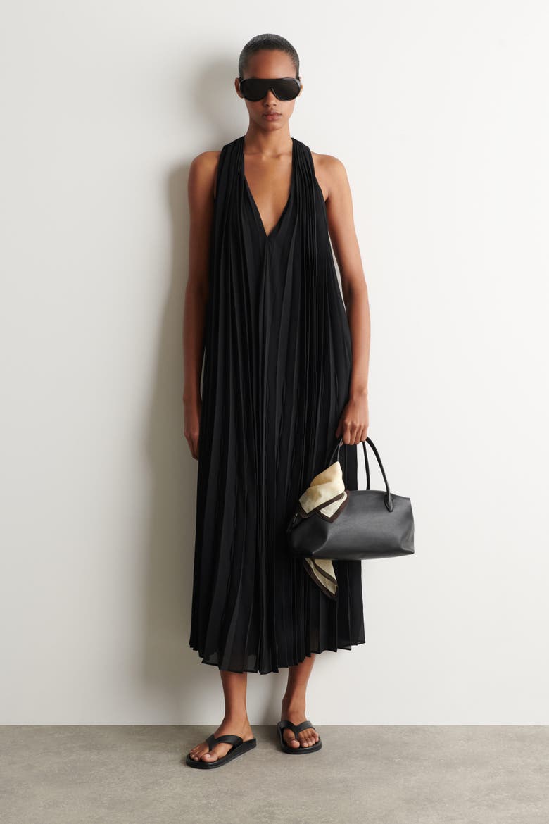 Tie-detail Pleated Georgette Maxi Dress, Main, color, BLACK