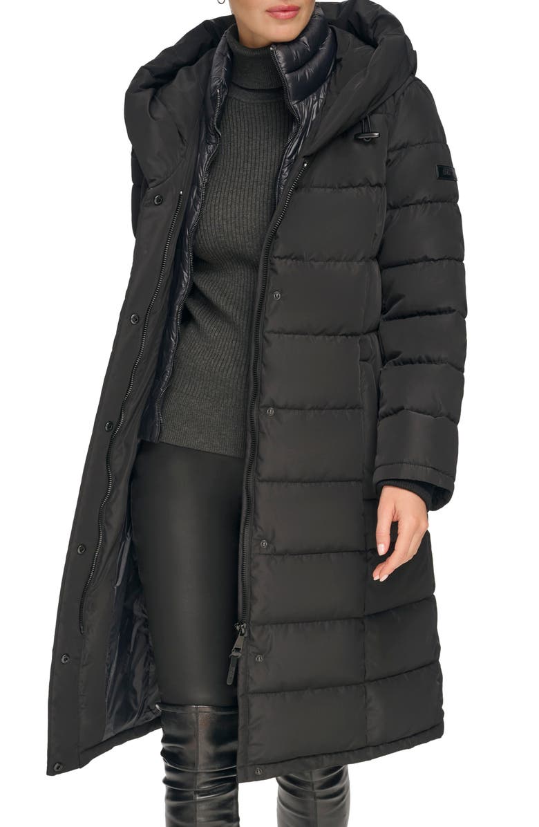 DKNY Water Resistant Hooded Bib Long Puffer Jacket, Main, color, 