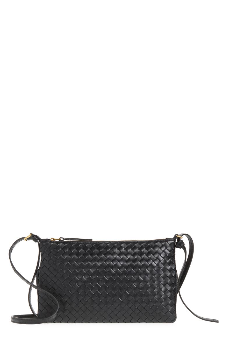Medium Piccolo Intrecciato Leather Wallet on a Strap, Main, color, 1007 BLACK-BRASS VIBRATO