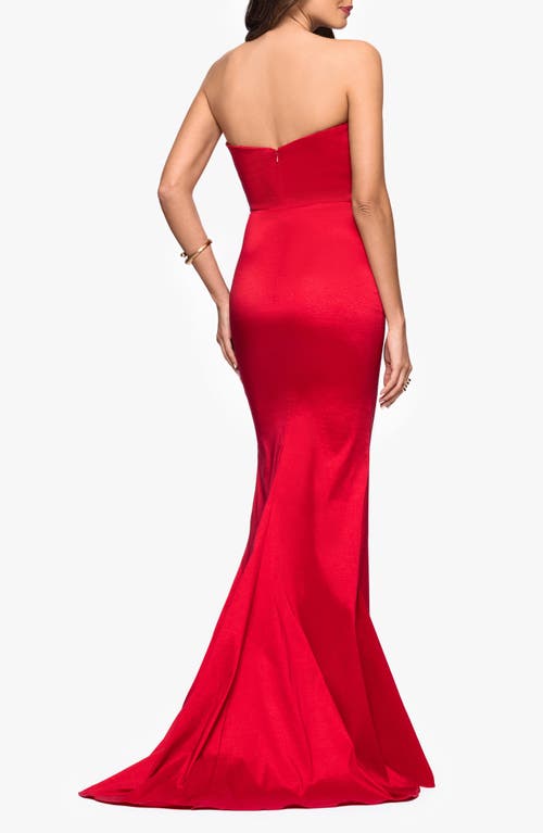 Betsy & Adam Strapless Cascade Ruffle Gown In Red