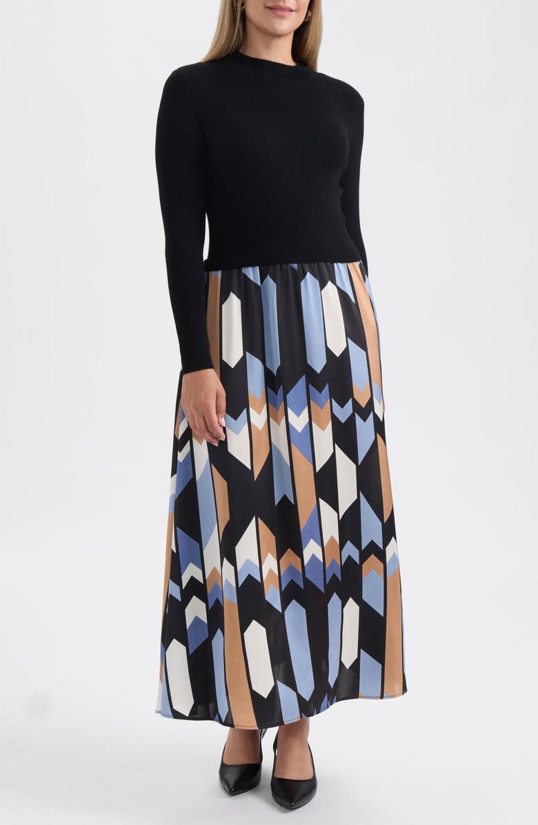 Ellen Tracy Mock Neck Long Sleeve Mixed Media Dress, Main, color, Black/ Blue Zig Zag