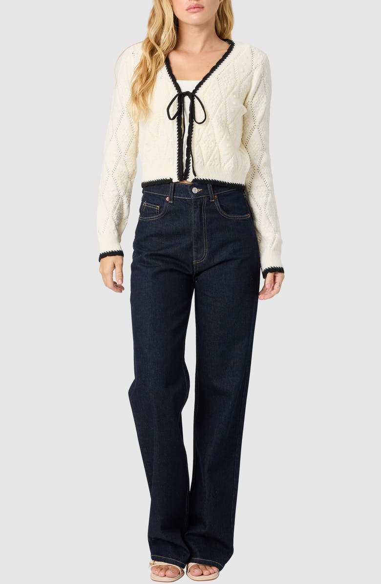 Lush Contrast Trim Tie Front Cardigan, Alternate, color, Ivory Black