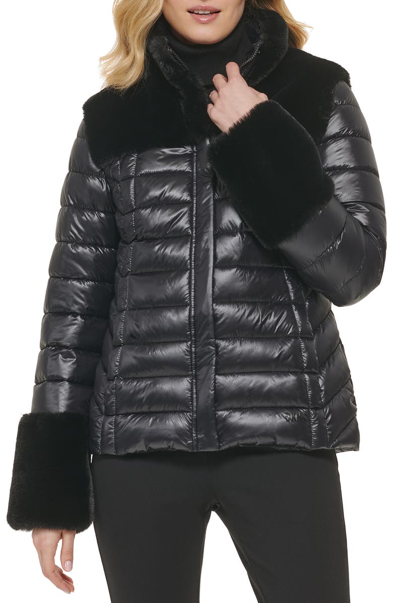 DKNY Faux Fur Trim Puffer Jacket, Main, color, 