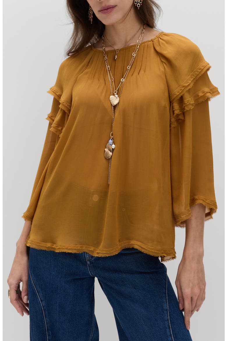 Ruffle Shoulder Blouse, Main, color, ANTIQUE GOLD