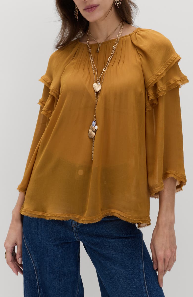 PER UNA BY M&S Ruffle Shoulder Blouse, Main, color, Antique Gold