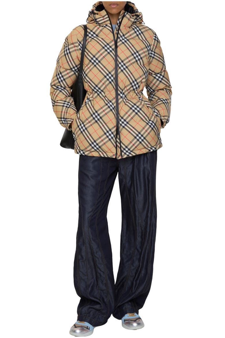 Check Nylon Hooded Puffer Jacket, Main, color, Sand beige