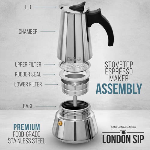 London Sip Espresso Maker & Coffee Spoon Bundle, 10 Cup In Silver
