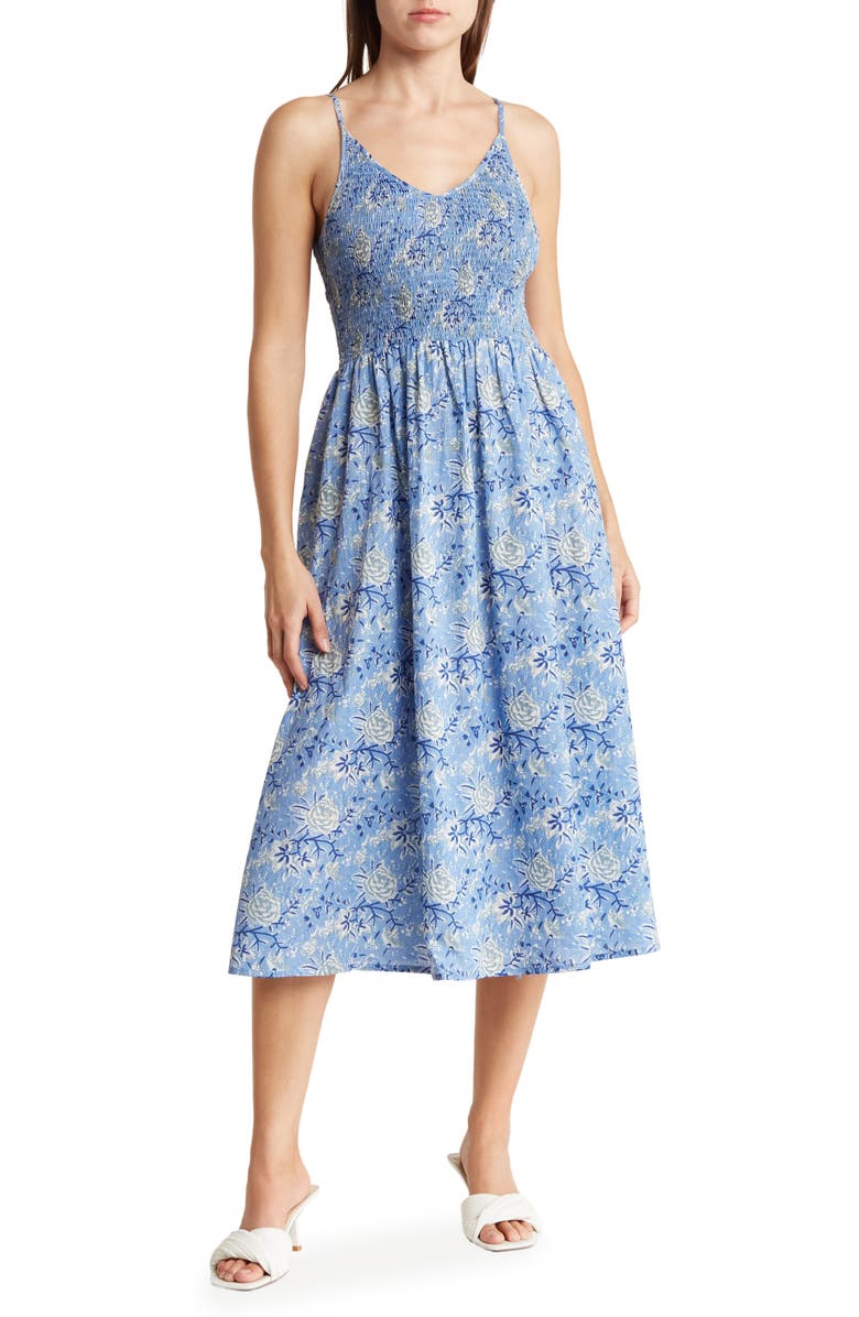 Maisie Floral Smocked Cotton Midi Dress, Main, color, 