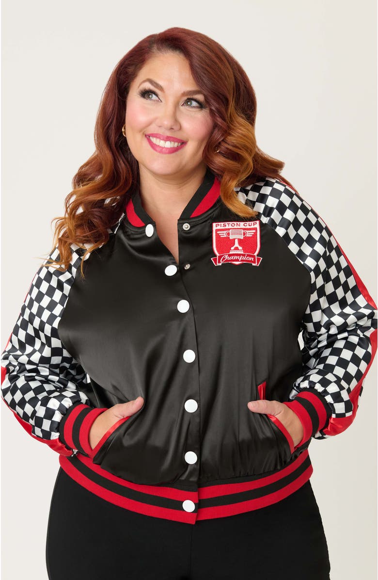 Unique Vintage Plus Size Satin Bomber Jacket, Alternate, color, Black Checkered