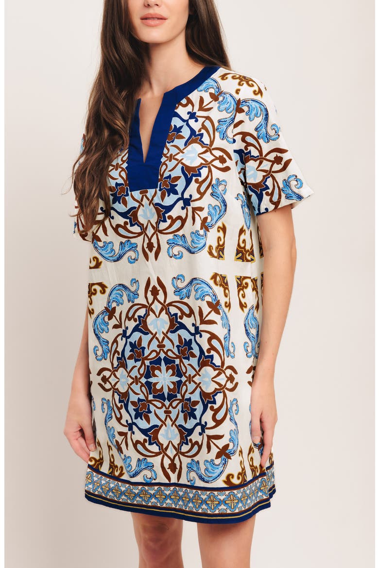 Scarf Print Cotton Shift Minidress, Alternate, color, IVORY BLUE
