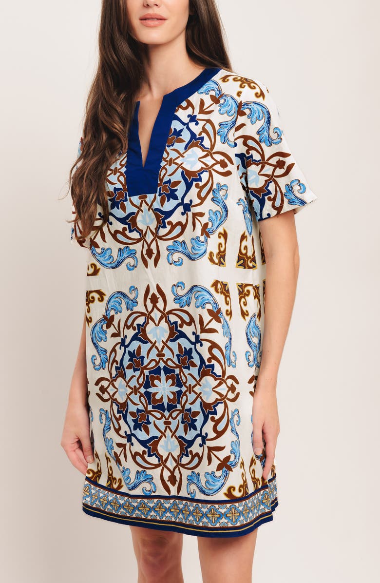 FLYING TOMATO Scarf Print Cotton Shift Minidress, Alternate, color, Ivory Blue