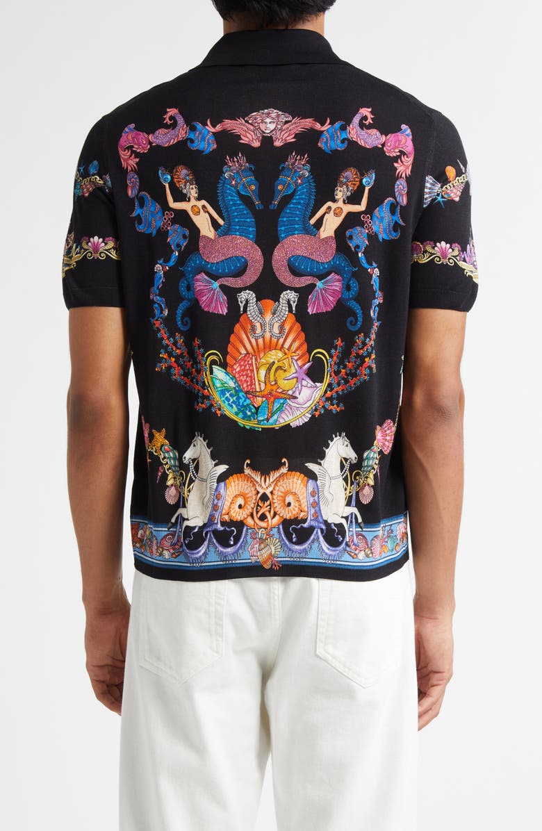 Versace Coral Theater Silk Polo Sweater, Alternate, color, Black Multicolor