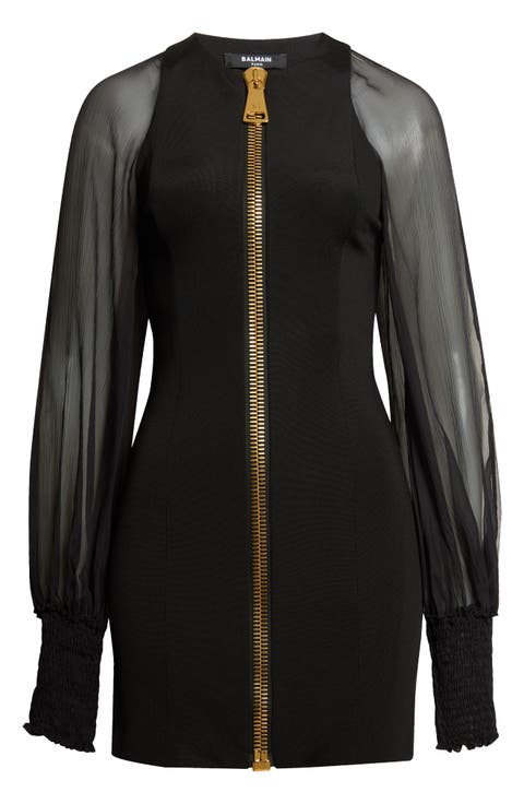 Sheer Long Sleeve Zip Minidress