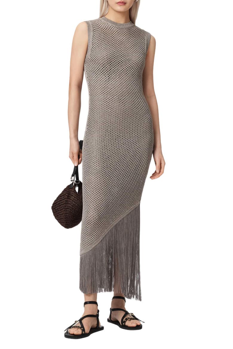 Jessie Sleeveless Fringe Trim Dress, Alternate, color, PEBBLE GREY