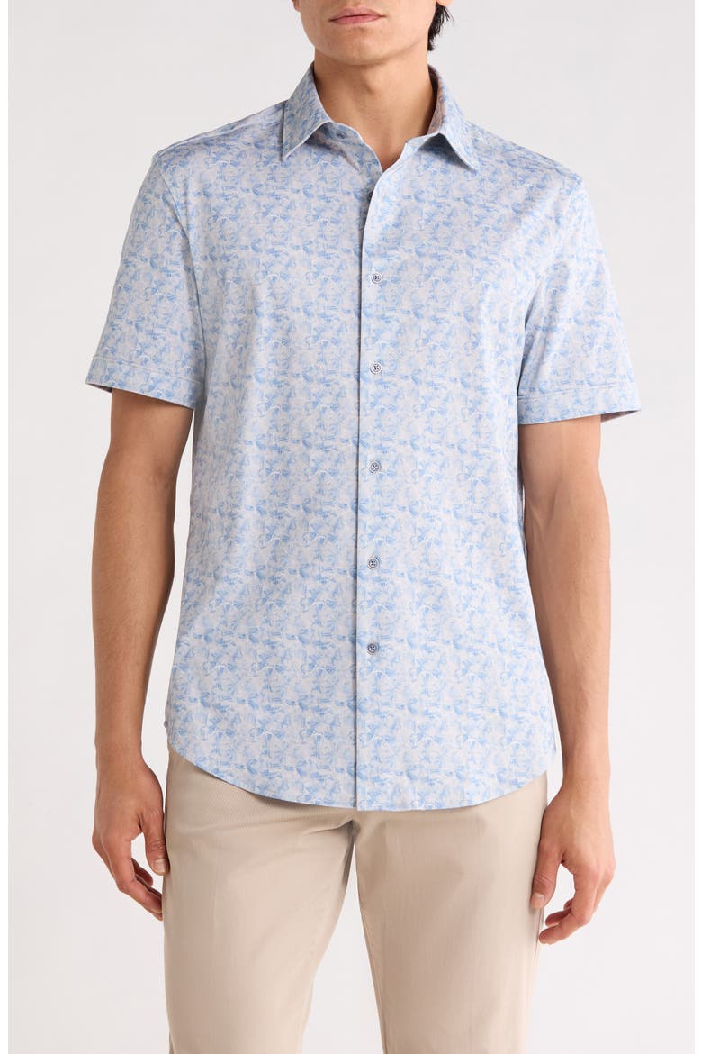 Abstract Print Stretch Cotton Short Sleeve Button-Up Shirt, Main, color, COBALT