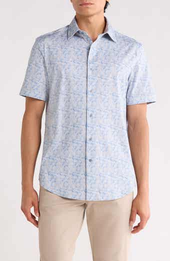 Abstract Print Stretch Cotton Short Sleeve Button-Up Shirt