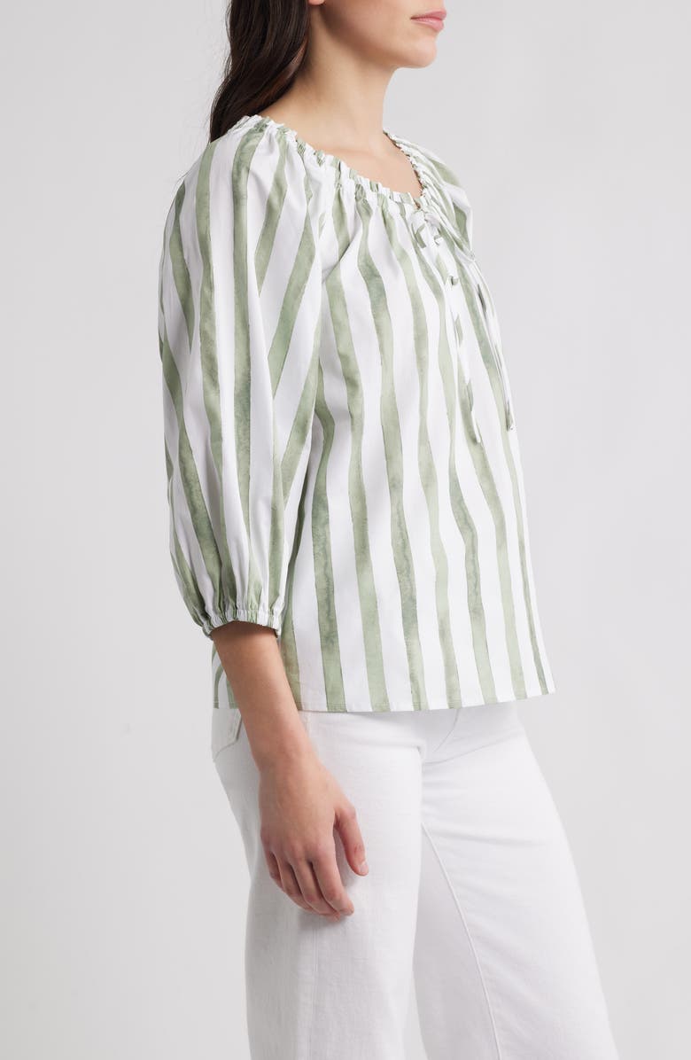 Bobeau Tie Neck Raglan Sleeve Top, Alternate, color, Light Olive Stripe