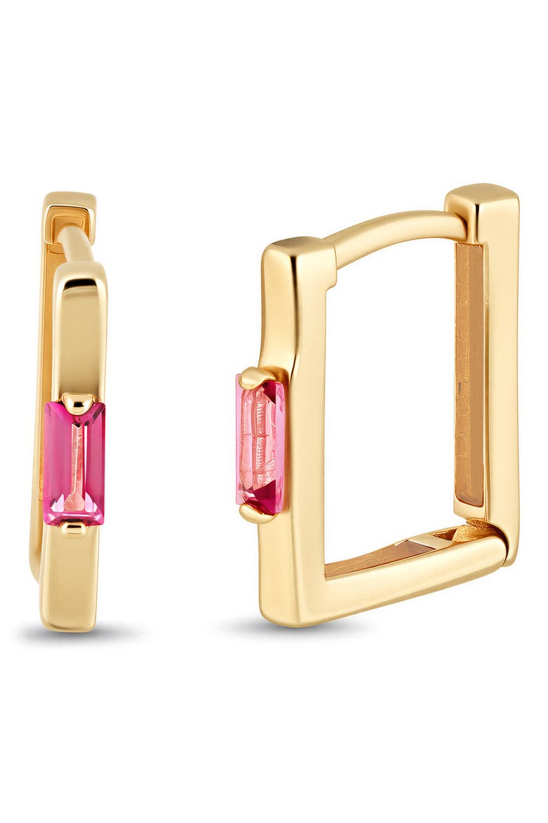 14K Gold Color Square Huggie Hoop Earrings, Main, color, 14K YELLOW GOLD/ PINK TOPAZ