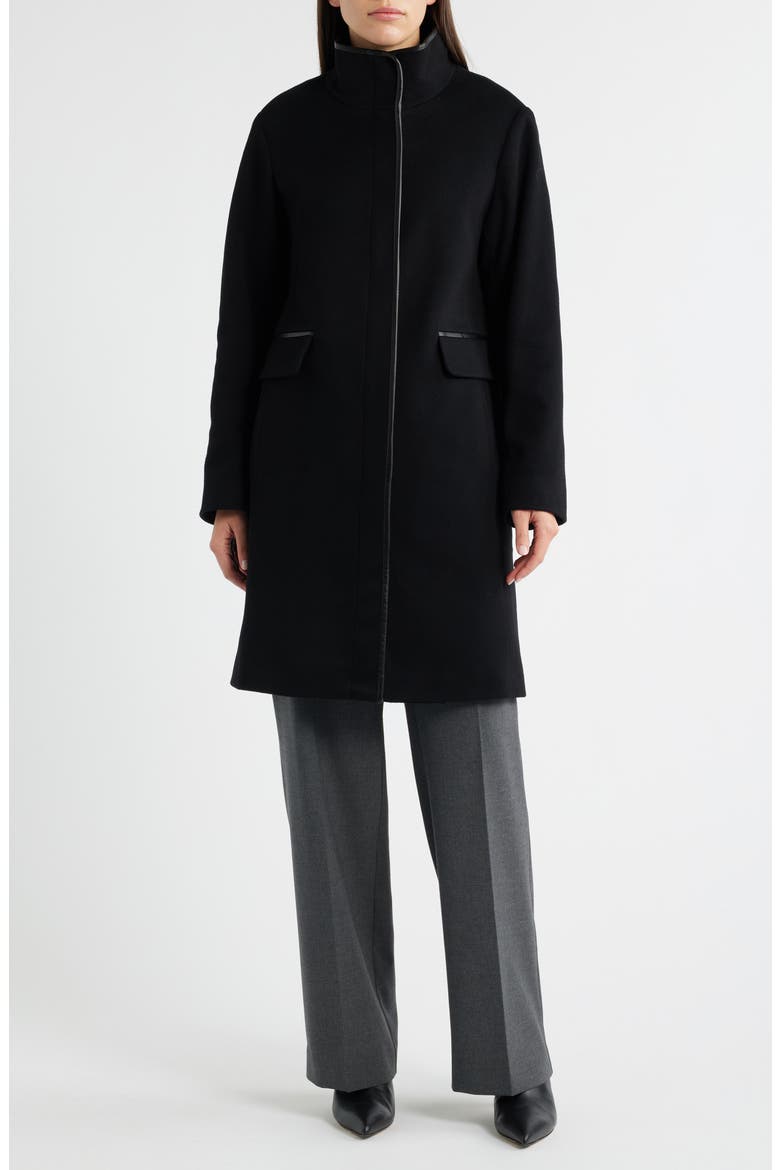 Jagger Wool Coat with Leather Trim, Alternate, color, BLACK