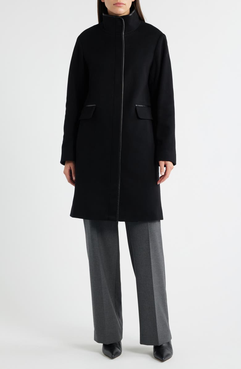Fleurette Jagger Wool Coat with Leather Trim, Alternate, color, Black