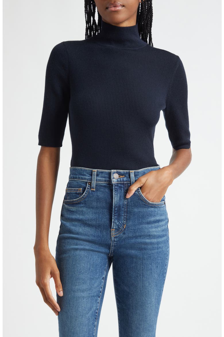 Alastair Rib Short Sleeve Merino Wool Sweater, Main, color, NAVY