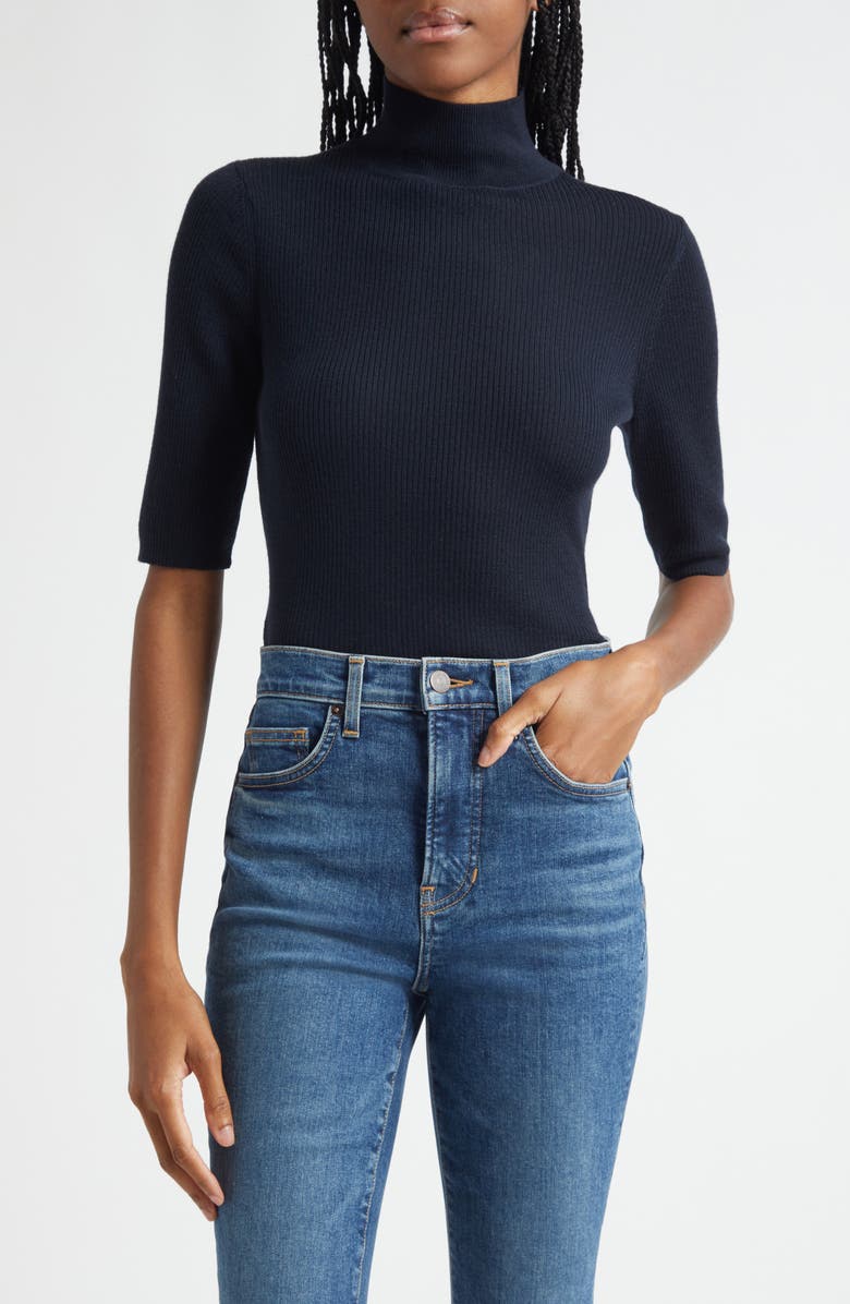 Veronica Beard Alastair Rib Short Sleeve Merino Wool Sweater, Main, color, Navy