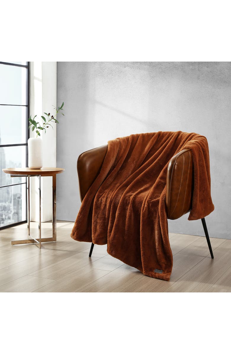 Kenneth Cole Faux Fur Reversible Throw, Alternate, color, Ginger Orange