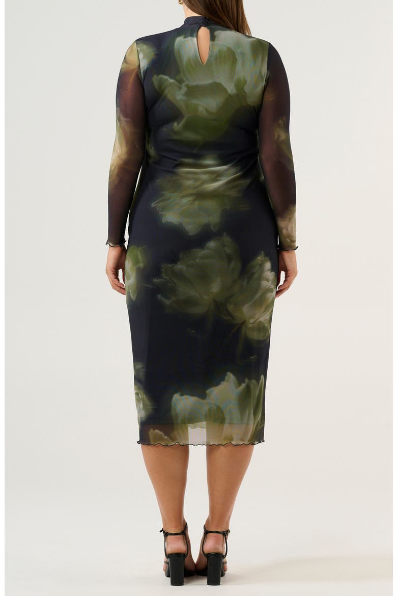 Peace Lily Mock Neck Long Sleeve Mesh Midi Dress, Alternate, color, BLACK/ MOSS