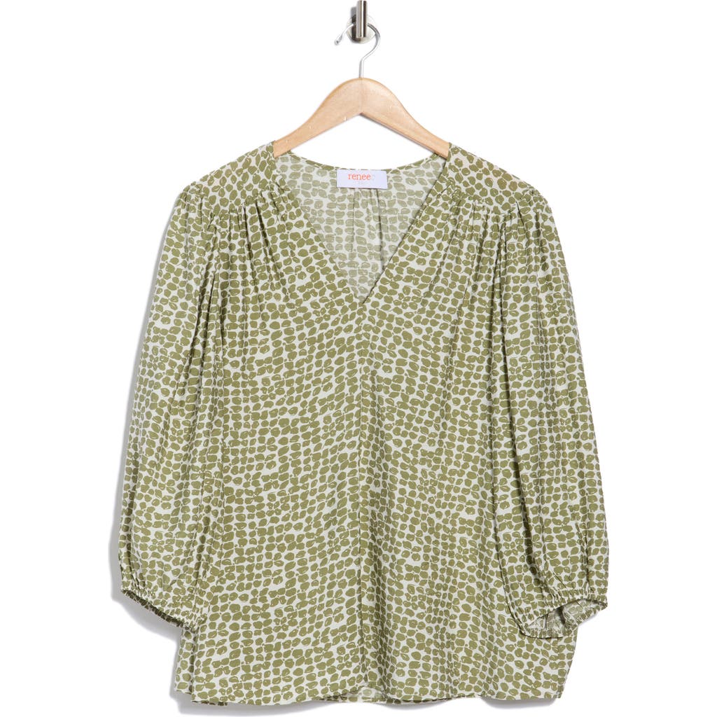 Renee C Geometric Print Balloon Sleeve Top In Green