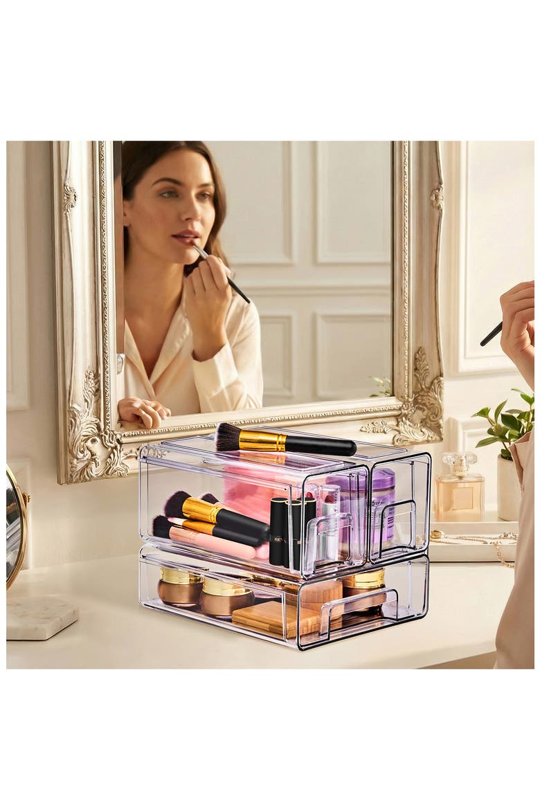 Set of 3 Stackable Storage Drawers, Alternate, color, CLEAR