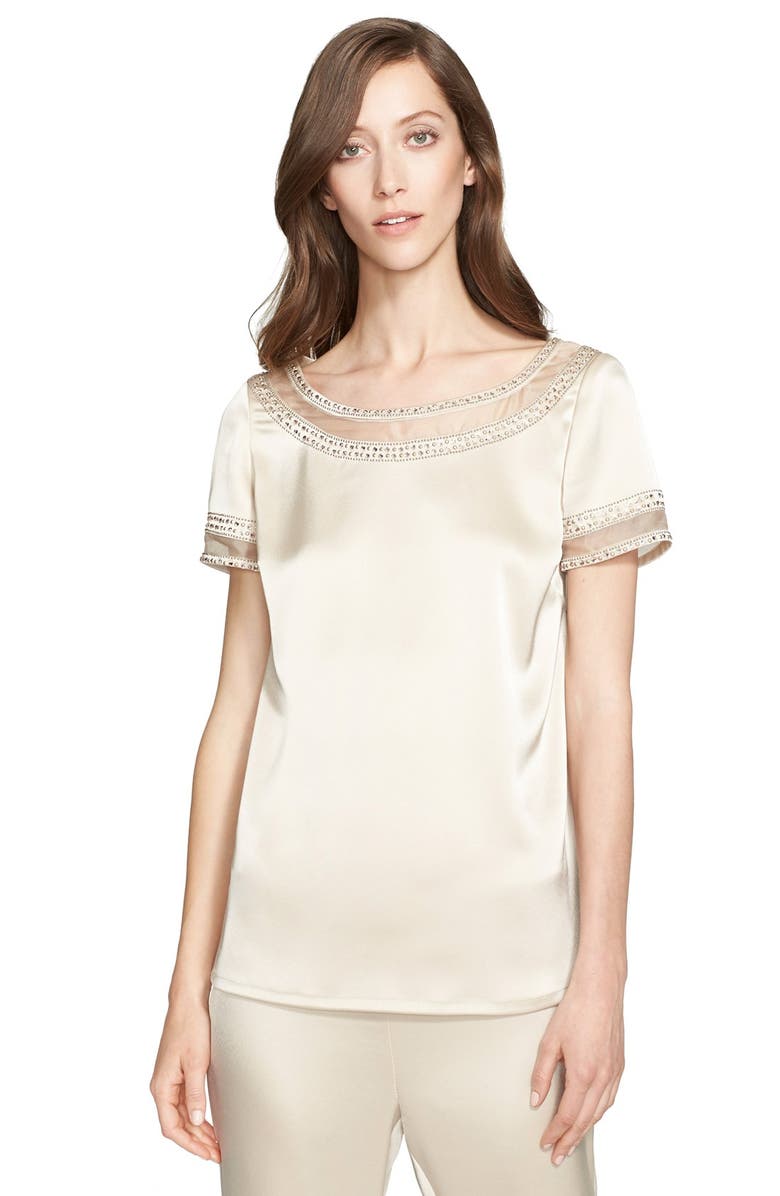 St. John Collection Embellished Liquid Satin Short Sleeve Blouse, Main, color, 