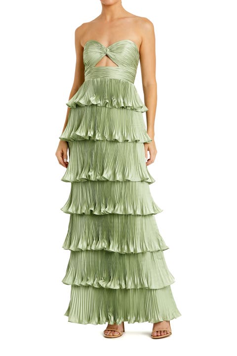 Pleated Charmeuse Strapless Tiered Ruffle Gown