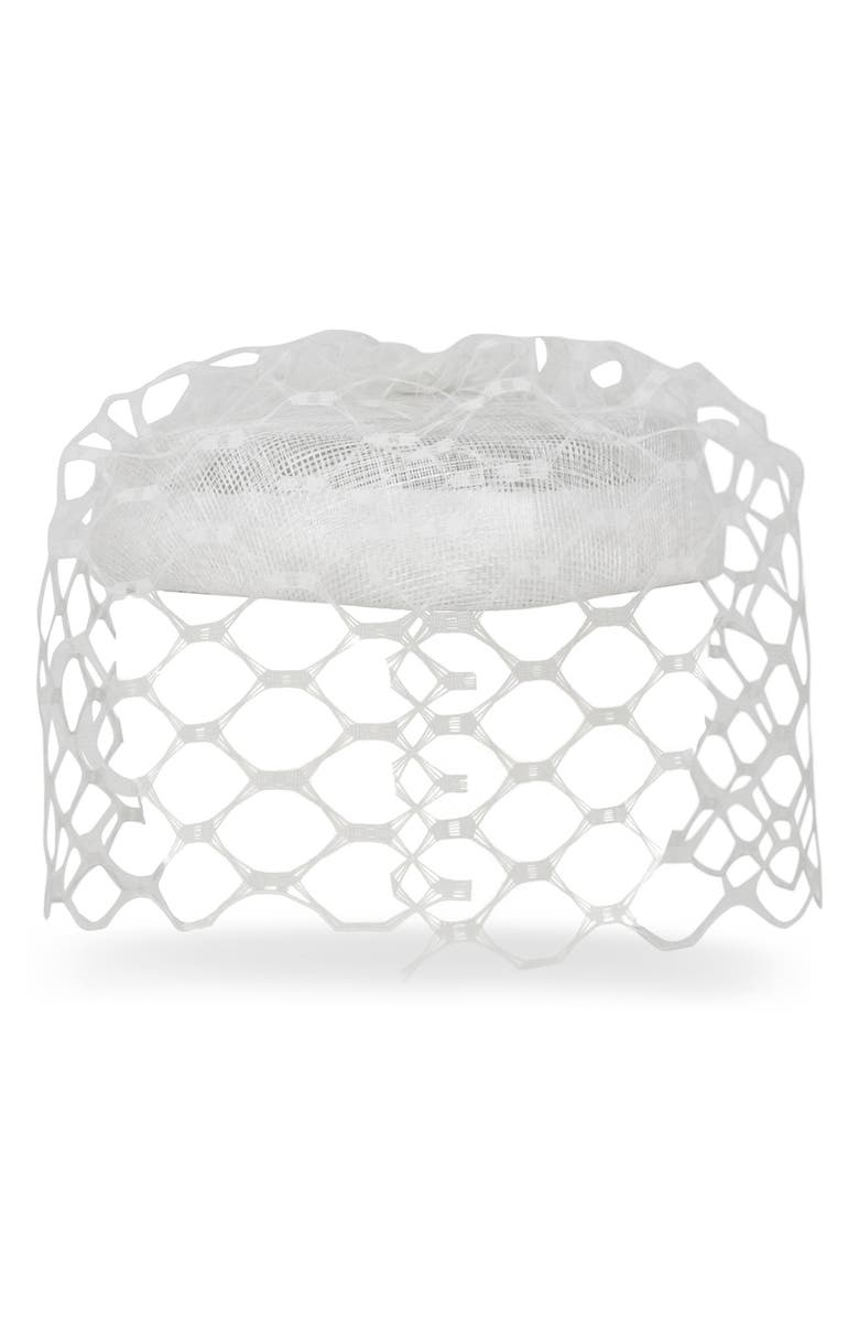 Gigi Burris Millinery Elodie Hemp Cocktail Hat with Silk Birdcage Veil, Alternate, color, Ivory