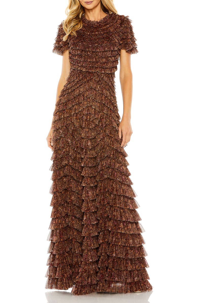 Mac Duggal Ruffle Tiered High Neck Dress, Main, color, Brown Multi
