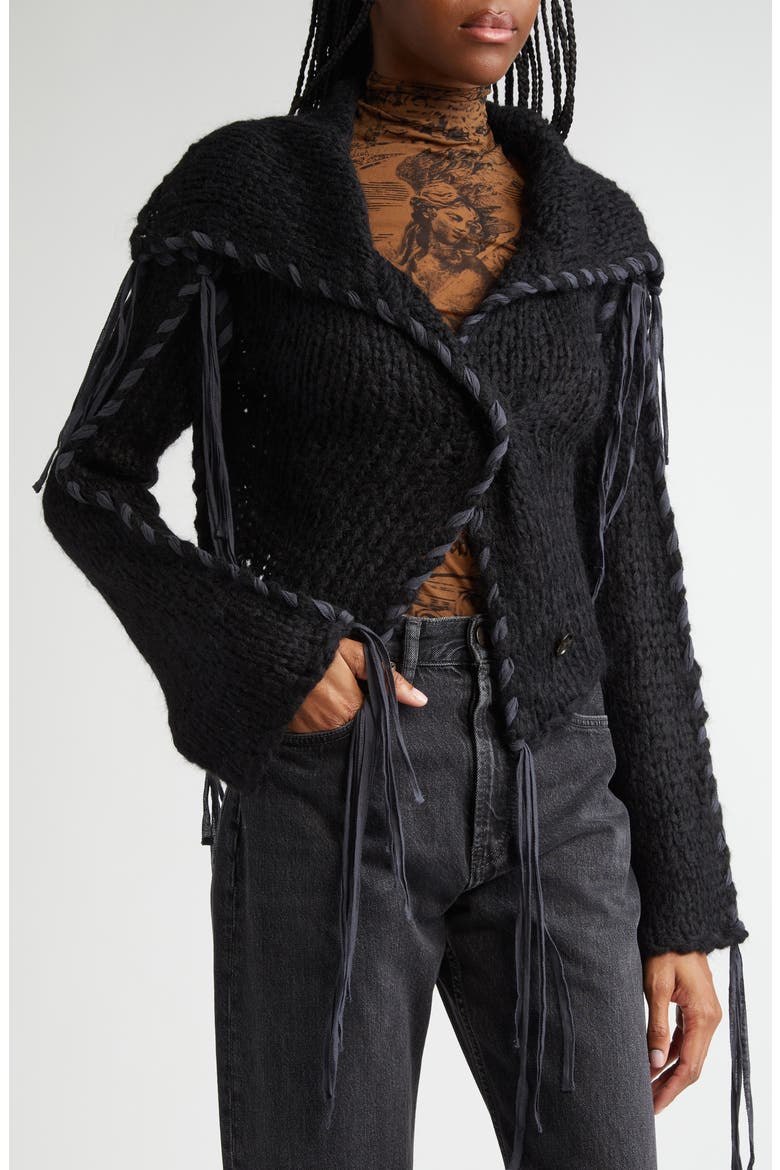 Ribbon Lacing Cardigan, Alternate, color, BLACK