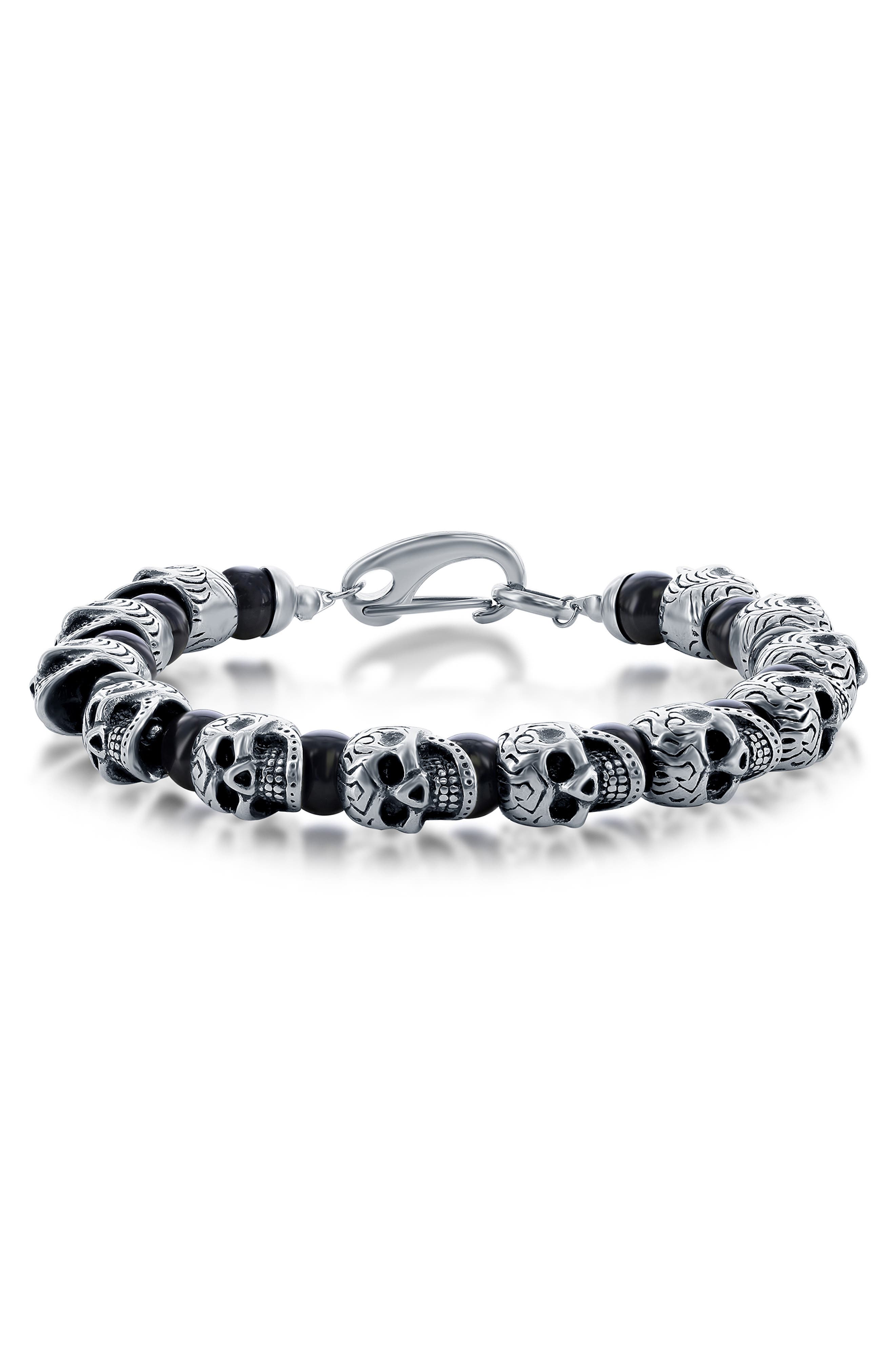 BLACKJACK Stainless Steel Onyx Skull Beaded Bracelet