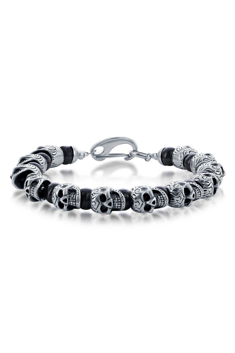 Stainless Steel Onyx Skull Beaded Bracelet, Main, color, BLACK/ SILVER