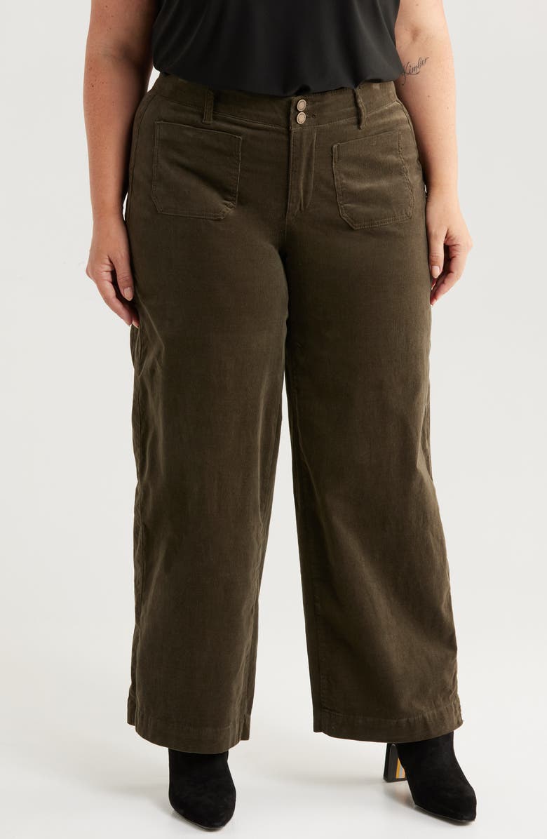 Wit & Wisdom Emma 'Ab'Solution Patch Pocket High Waist Wide Leg Corduroy Pants, Main, color, Duffle Green