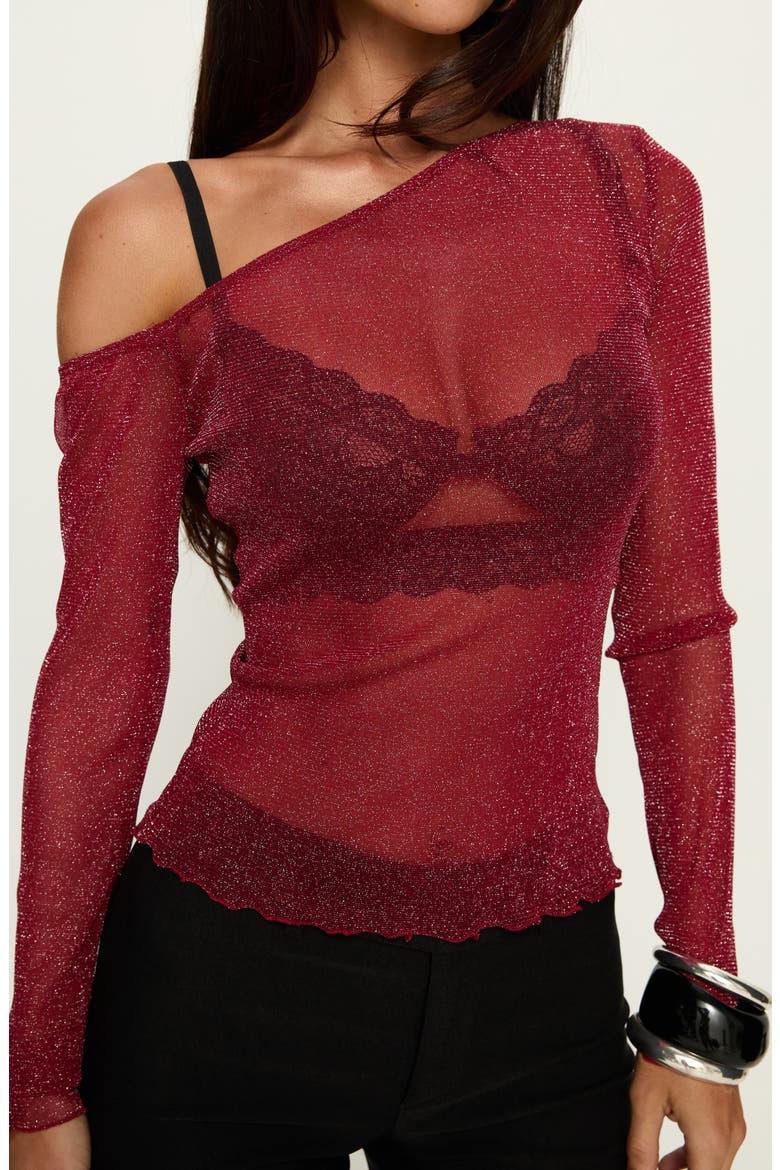 Zondra Sheer One-Shoulder Long Sleeve Top, Alternate, color, RED