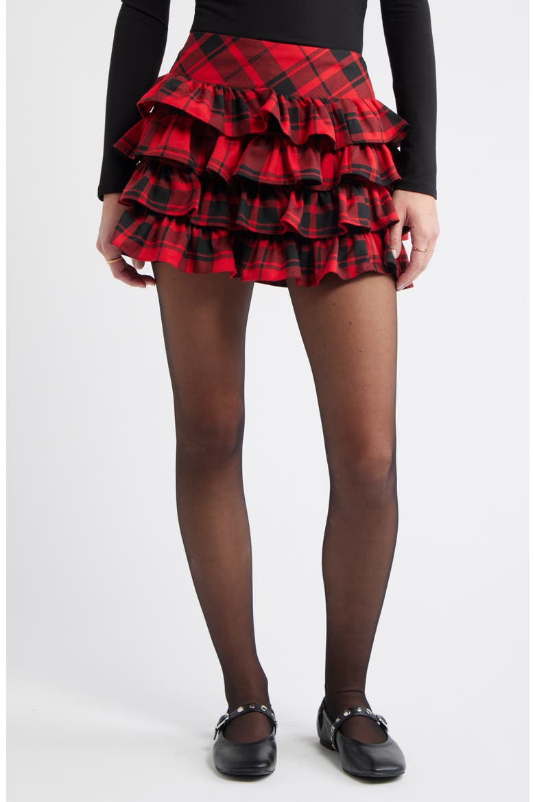 Tiered Ruffle Miniskirt, Main, color, RED PLAID