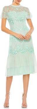 Mac Duggal Embroidered Ruffled Cap Sleeve Midi Dress