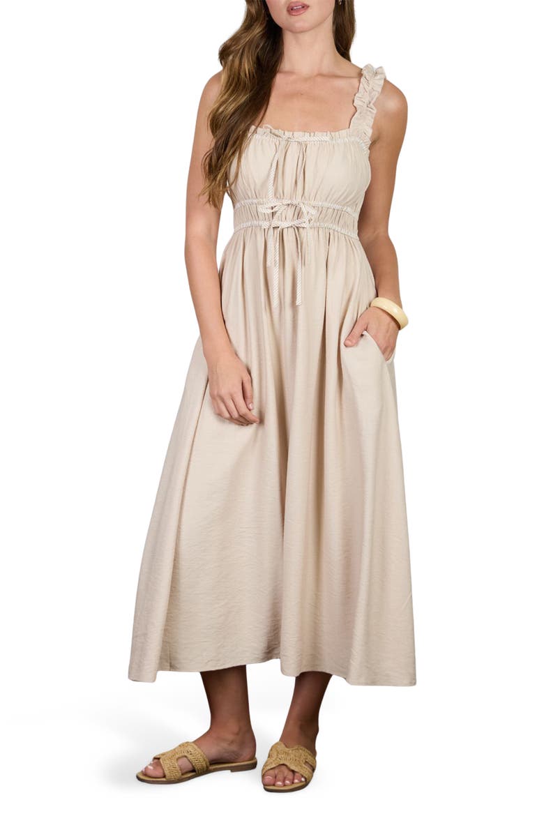 Bow Empire Waist Sundress, Main, color, KHAKI
