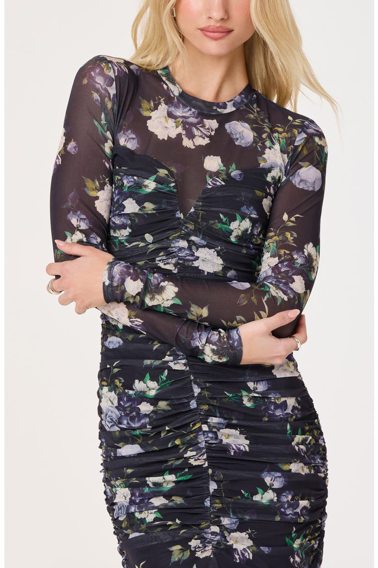 Floral Ruched Long Sleeve Mesh Dress, Alternate, color, BLUE MULTI FLORAL