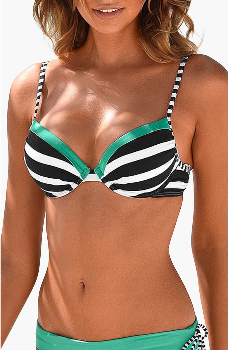 LASCANA Striped Push Up Bikini Top Size 34C, Main, color, Black & Mint