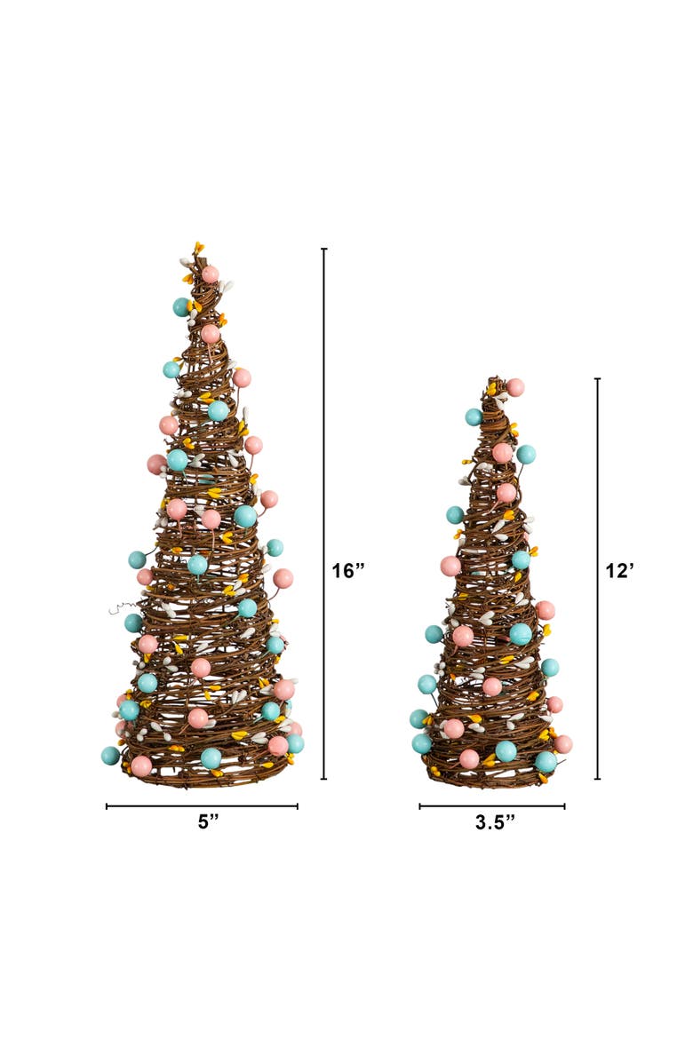 12-in and 16-in  Artificial Easter Rattan Cone Trees with Pastel Eggs - Set of 2, Alternate, color, Brown